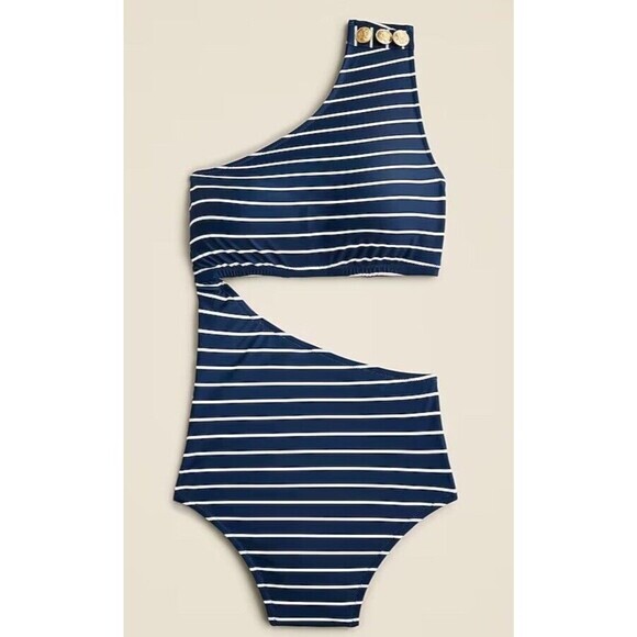 NWT J Crew Cutout One Shoulder One Piece Swimsuit Navy Blue White Stripe Swim 24 - Picture 2 of 15